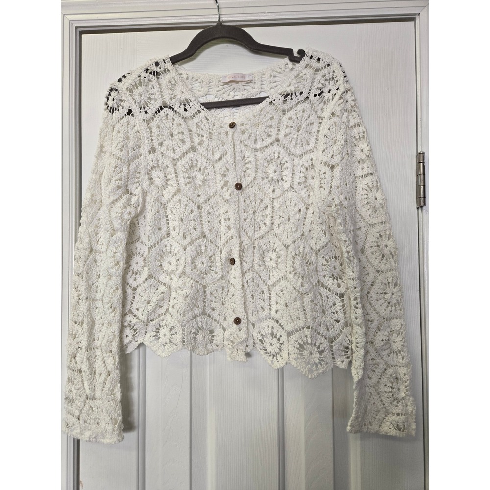 Olivaceous White Crochet Cardigan Floral Open Knit Button Front One Size Small